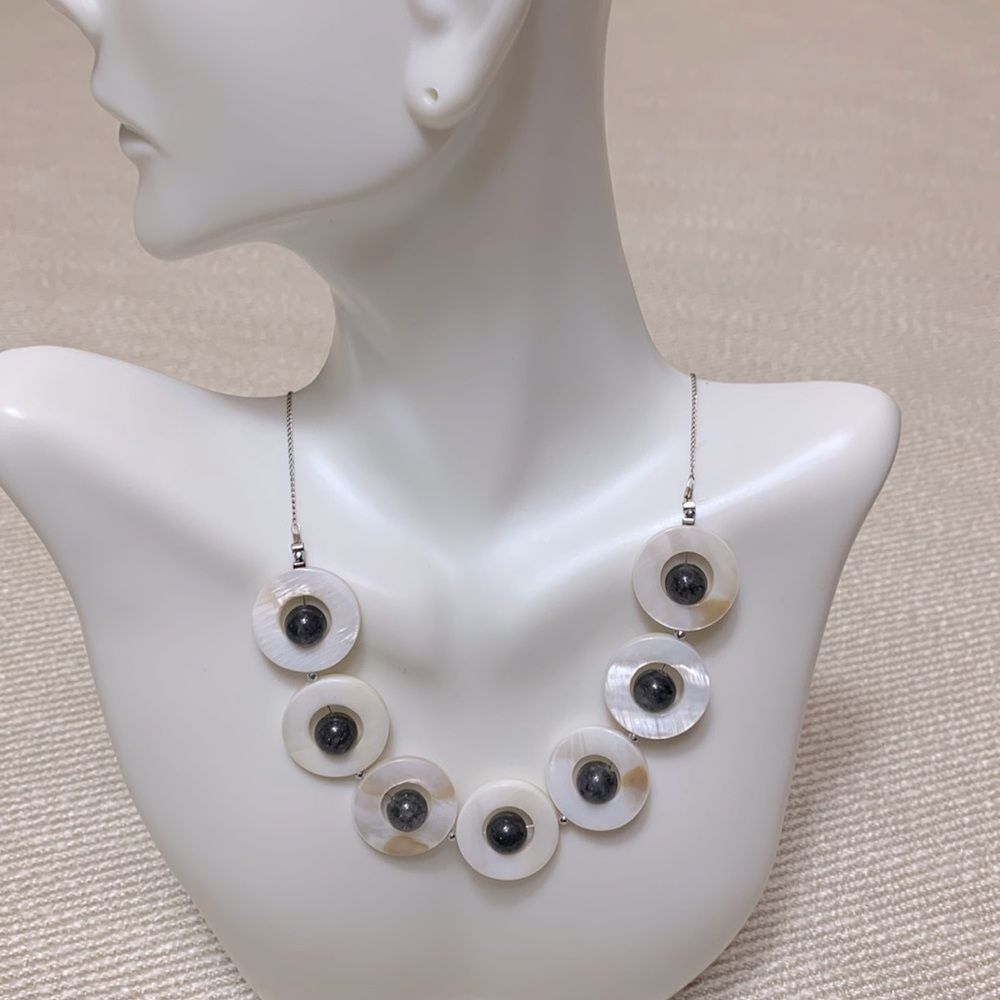JADE in mother of Pearl shell necklace w hematite beads Sterling Handmade
